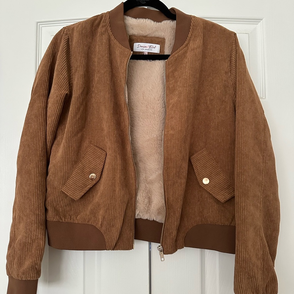 Women's Brown Corduroy Bomber Jacket with Faux Fur Lining